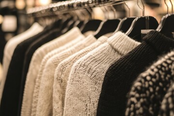 Poster - A display of knitted sweaters in neutral colors hanging on a rack.