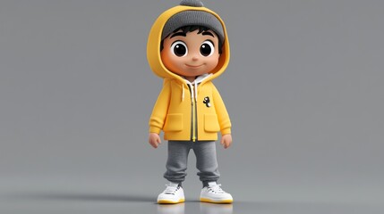 Poster - A cheerful animated boy in a yellow hoodie and gray sweatpants, ready for play.