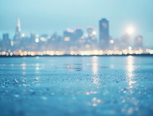 Poster - A blurred city skyline reflecting on a wet surface, evoking a serene urban atmosphere.
