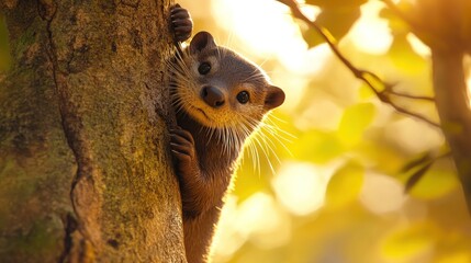 Poster - A curious otter peeks from behind a tree, illuminated by warm sunlight.