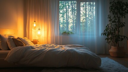 Poster - In a beautifully designed luxury bedroom, warm pendant lights cast a soft glow on a plush bed. Large windows reveal a tranquil forest, creating an enchanting atmosphere at dusk