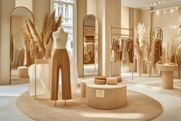 Poster - A stylish boutique showcasing neutral-toned clothing and decor with elegant displays.