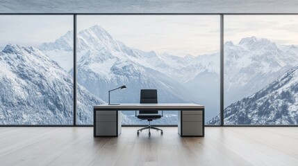 Leinwandbilder - Modern office with a desk and chair, overlooking snow-capped mountains through large windows.