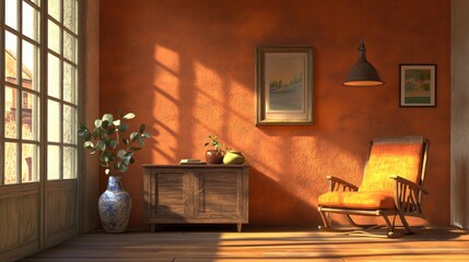 Aufkleber - A cozy interior scene with warm colors, furniture, and natural light.