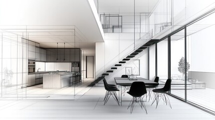 Aufkleber - A minimalist architectural design of a modern kitchen and dining area with a staircase.