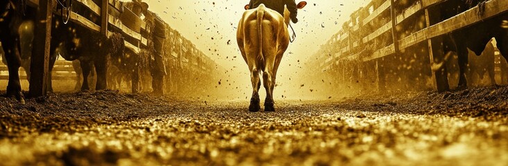 Poster - A cow walking down a dusty path in a farm setting, illuminated by warm golden light.
