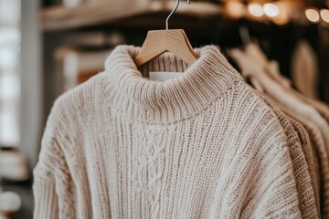 Poster - Cozy cream-colored turtleneck sweater displayed on a hanger in a stylish setting.