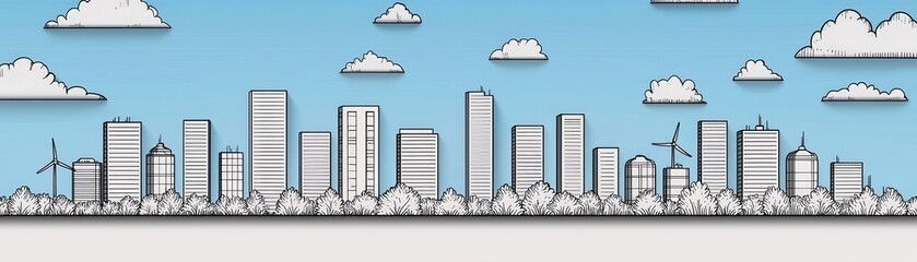 Sticker - A vibrant skyline illustration featuring modern buildings, clouds, and wind turbines against a bright blue sky, representing urban life and sustainability.