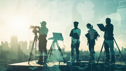 Poster - Silhouetted figures using equipment on a rooftop, overlooking a cityscape at sunset.