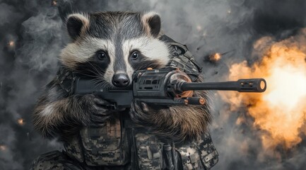 Poster - A raccoon in tactical gear wielding a firearm amidst explosions and smoke.