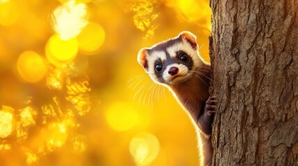 Poster - A curious animal peeks from behind a tree, surrounded by a warm, golden autumn backdrop.