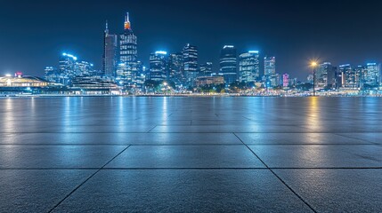Poster - Night view of a city skyline reflecting on a smooth surface.