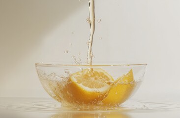Poster - Fresh lemon slices splashing in water, creating a refreshing and vibrant scene.