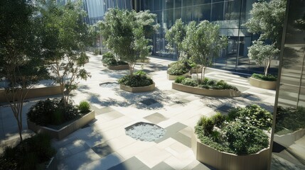 Poster - A modern outdoor space featuring trees and planters, designed for relaxation and aesthetics.