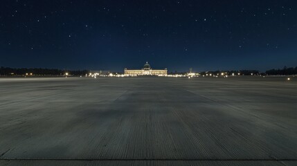 Poster - A nighttime view of a grand building illuminated under a starry sky, showcasing architectural beauty.
