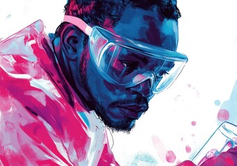 Poster - A scientist in protective gear examines a vial, emphasizing research and experimentation.