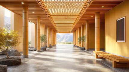 Aufkleber - A serene hallway with wooden architecture and natural light, inviting tranquility and reflection.