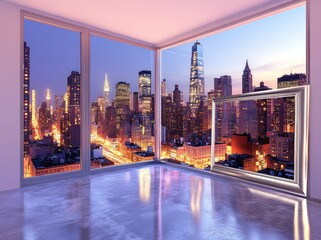 Poster - A modern room with a stunning city skyline view through large windows.