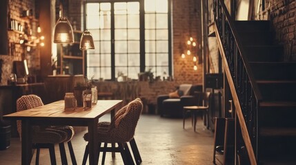Poster - Cozy industrial-style interior with a dining table and warm lighting.