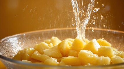 Poster - Chunks of pineapple in a bowl with water splashing over them.