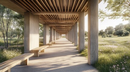 Poster - A serene walkway under a wooden and concrete structure, surrounded by greenery and flowers.