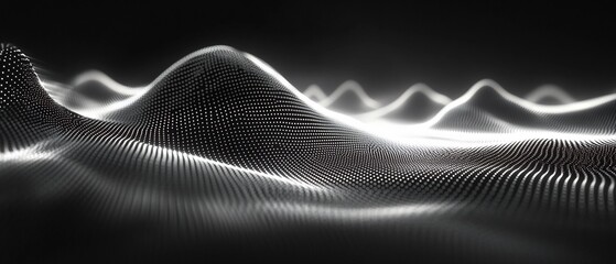 Poster - Rhythmic Harmonious Blend of Light Pulses and Patterns in a Minimalist Futuristic Landscape  Abstract digital graphic with a dynamic flowing and serene atmosphere