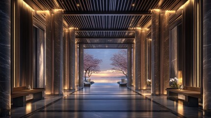 Poster - A serene corridor leading to a scenic view with cherry blossoms and water at sunset.