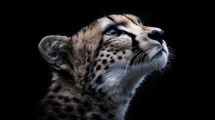 Poster - A close-up of a cheetah looking upward against a dark background.