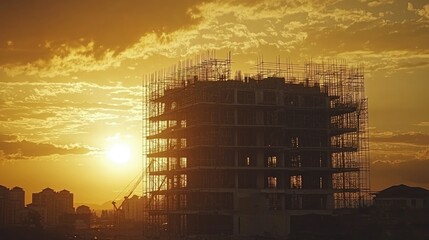 Poster - A half-completed building surrounded by scaffolding, with the sun setting behind the structure, casting a golden hue over the construction project. 
