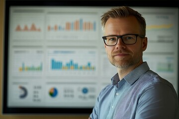 Poster - A man wearing glasses stands in front of a large monitor displaying graphs