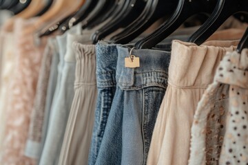 Poster - A display of various skirts hanging on black hangers in a clothing store.