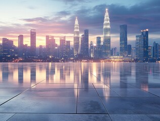 Poster - City skyline at dusk with reflections on wet pavement.