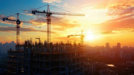 Poster - A sprawling construction site at sunrise, with the first light of day illuminating cranes, steel structures, and workers starting their day. 