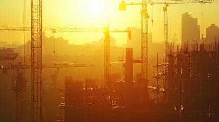 Poster - A sprawling construction site at sunrise, with the first light of day illuminating cranes, steel structures, and workers starting their day. 