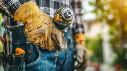 Poster - a construction worker using tools, such as a drill or hammer, with a focus on their gloved hands and safety equipment.