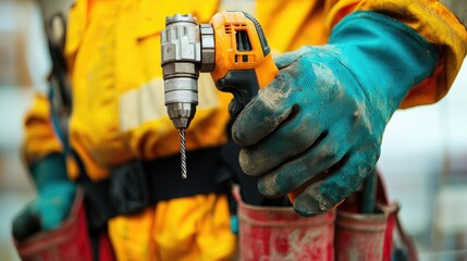 Fototapete - a construction worker using tools, such as a drill or hammer, with a focus on their gloved hands and safety equipment. 