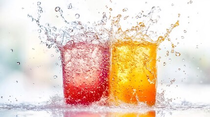 Aufkleber - Sparkling drink splashes radiating vibrant energy frozen on a pristine white background  Refreshing beverage burst with dynamic motion and colorful liquid crystals