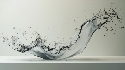 Poster - Graceful splash of water droplets forming an elegant arc with the transparent liquid suspended against a clean minimalist white background  This dynamic