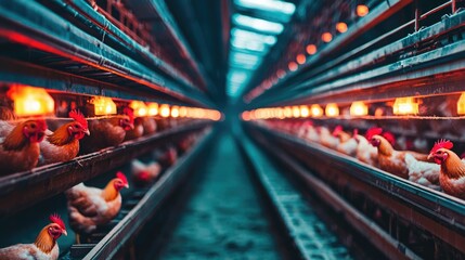 Poster - Rows of chickens in a modern poultry farm, with automatic feeders and lights in a large barn.