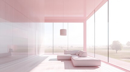 Poster - A modern, minimalist living space with large glass windows and soft pink tones.