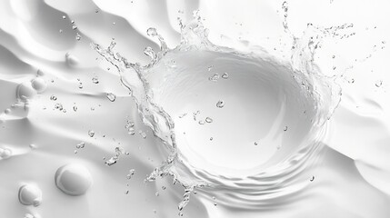 Poster - Cascading ripples of frozen water splashing into a clear transparent liquid creating a dynamic abstract pattern of concentric circles and droplets on a white background