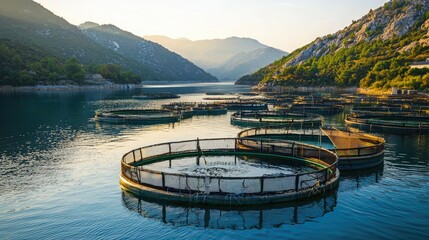 Poster - A fish farm with large circular enclosures floating in calm water, surrounded by mountains and a clear sky. 