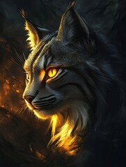 Aufkleber - A majestic feline with glowing eyes emerges from a dark, mystical background.