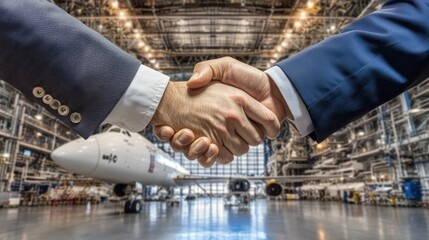 Aufkleber - Two business professionals shaking hands in an aircraft hangar, symbolizing partnership.