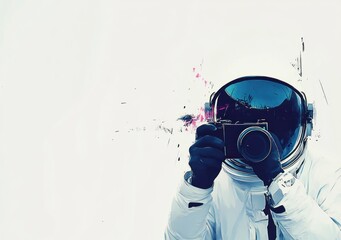 Aufkleber - An astronaut holds a camera, capturing a moment against a minimalist background.