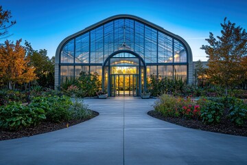 Poster - A modern greenhouse surrounded by colorful gardens at dusk.