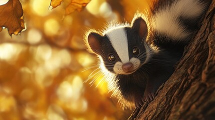 Poster - A cute, cartoonish creature with a striped face perched on a tree branch amidst autumn leaves.