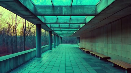 Poster - A serene architectural space with a glass ceiling and benches, surrounded by trees.