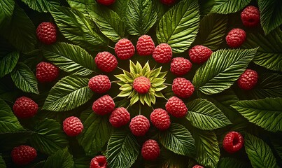 Wall Mural - Raspberries Arranged In A Circular Pattern With Green Leaves