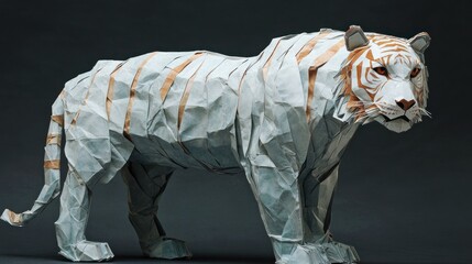 Fototapete - A detailed origami sculpture of a white tiger, showcasing intricate folds and textures.
